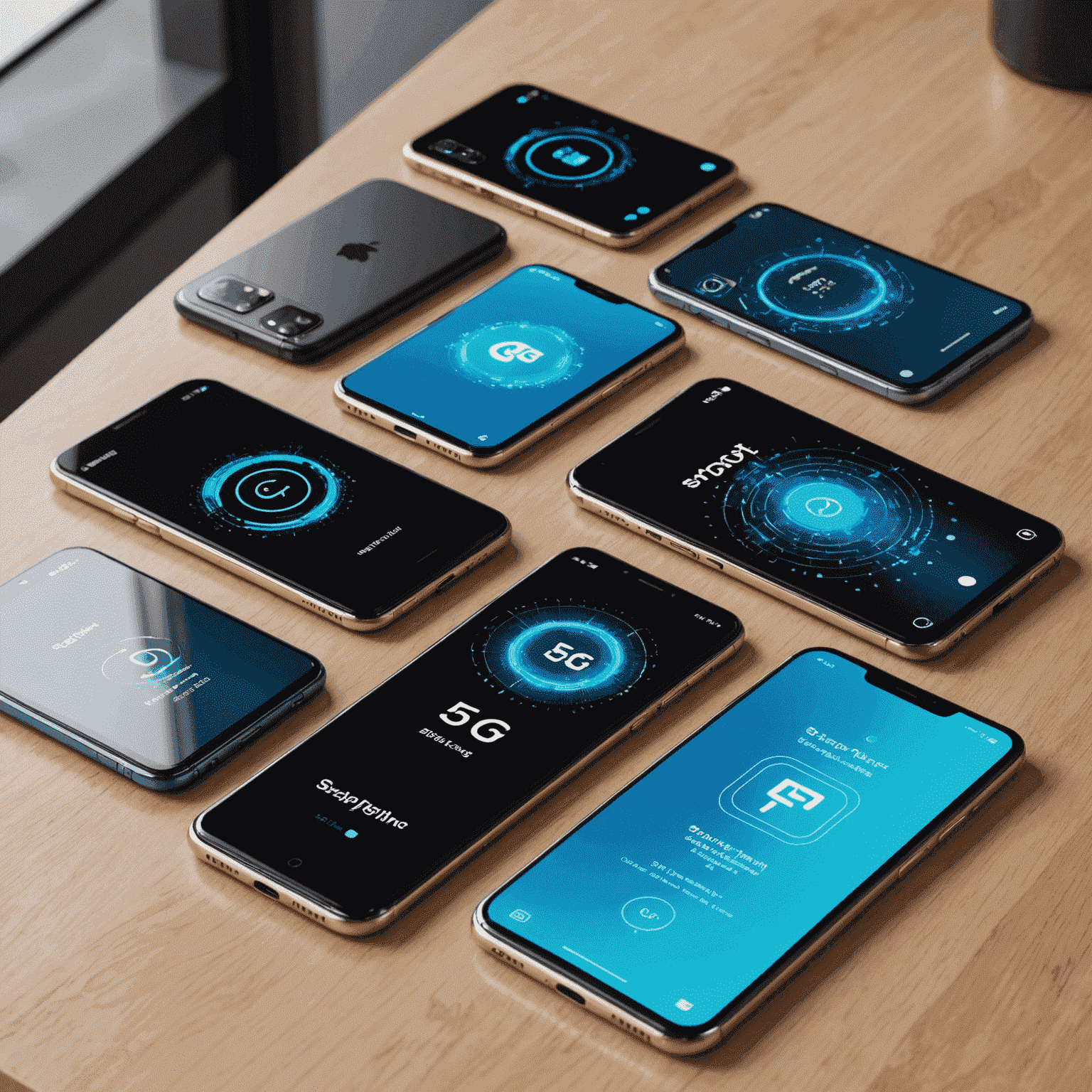 Various new smartphone models displayed on a sleek, modern table with 5G and high-tech symbols floating around them