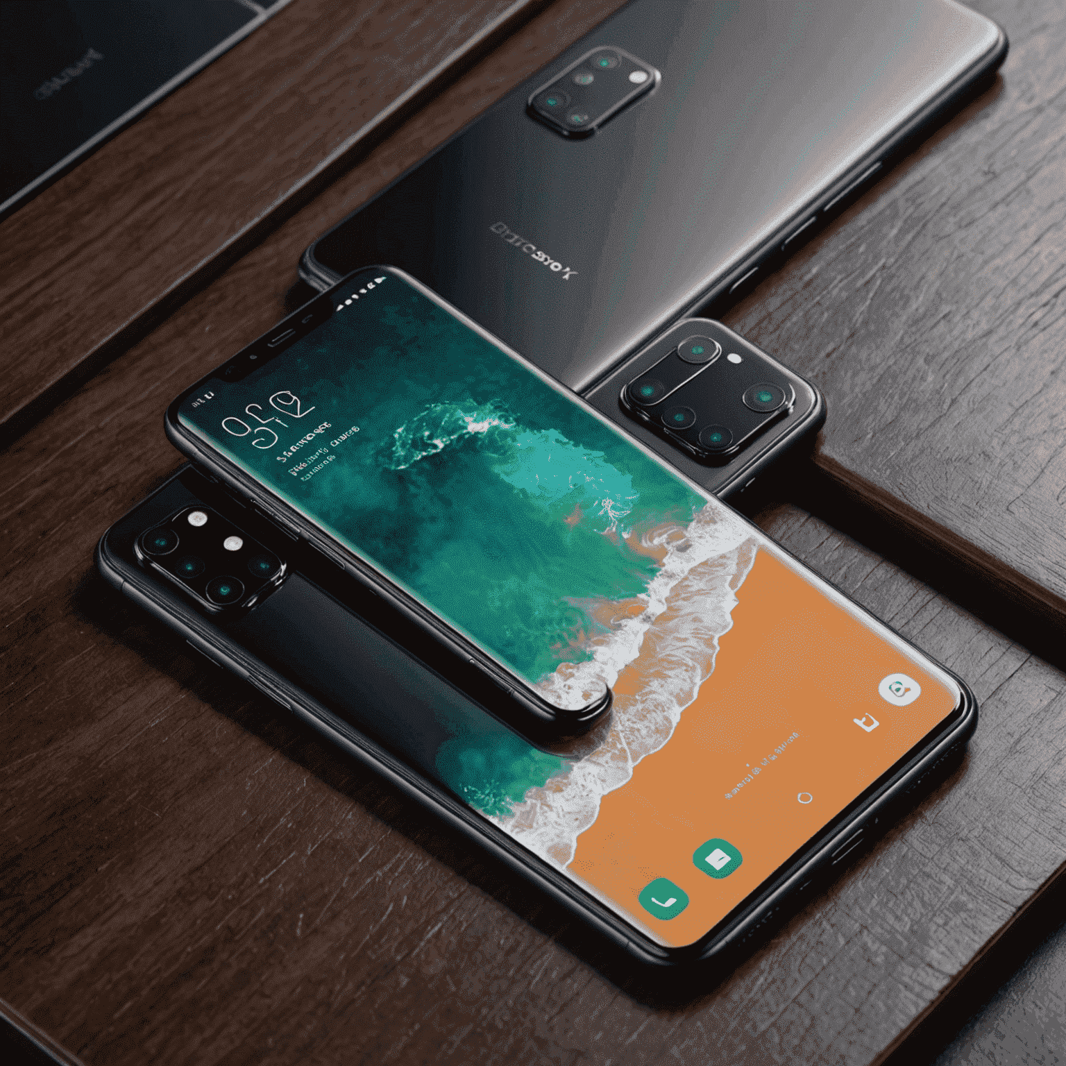 A lineup of the latest smartphone models showcasing sleek designs, multiple camera setups, and large edge-to-edge displays. The phones are arranged in a visually appealing manner, highlighting their modern aesthetics.