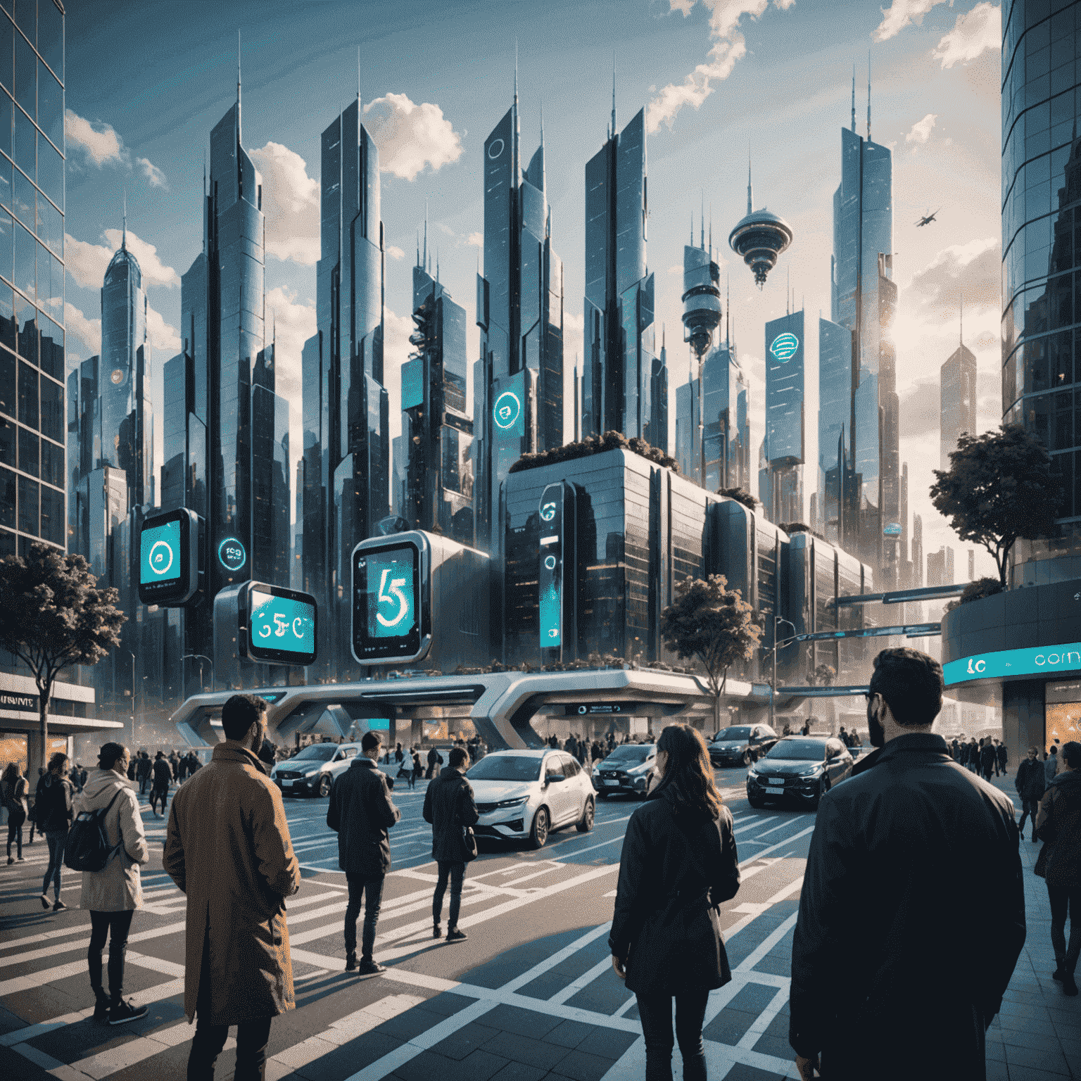 A futuristic cityscape with 5G towers and people using advanced mobile devices, showcasing the integration of 5G technology in urban environments