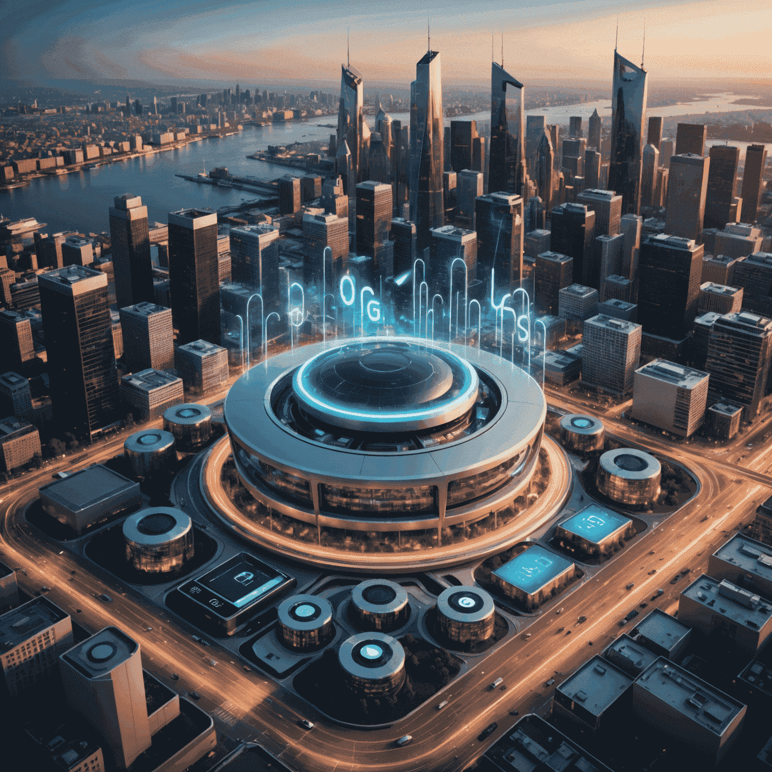 A futuristic visualization of 5G voice calling technology, showing interconnected devices and clear sound waves representing high-quality audio transmission in a modern cityscape.