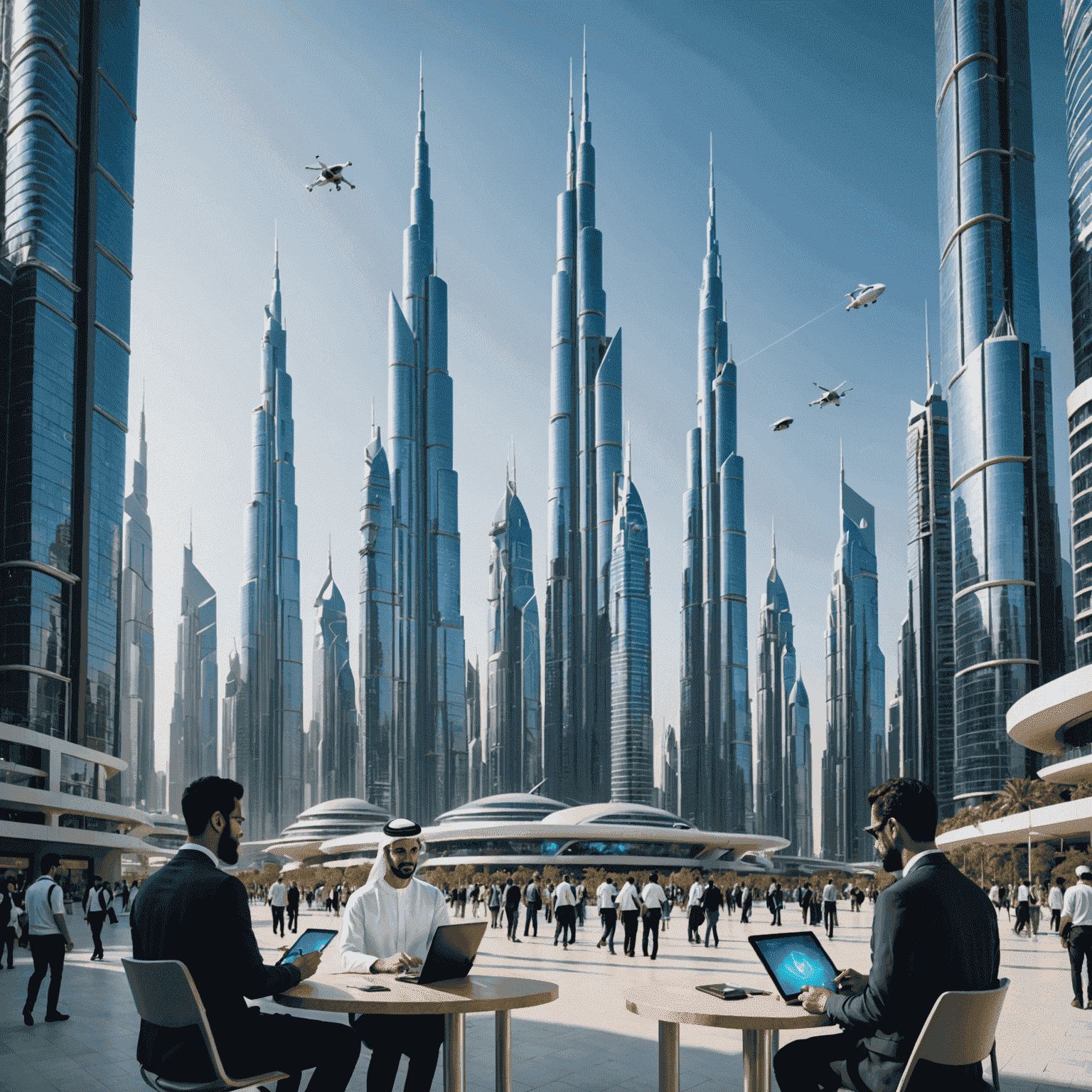 A futuristic cityscape with 5G towers and people using mobile devices, showcasing advanced mobile communication technology in the UAE