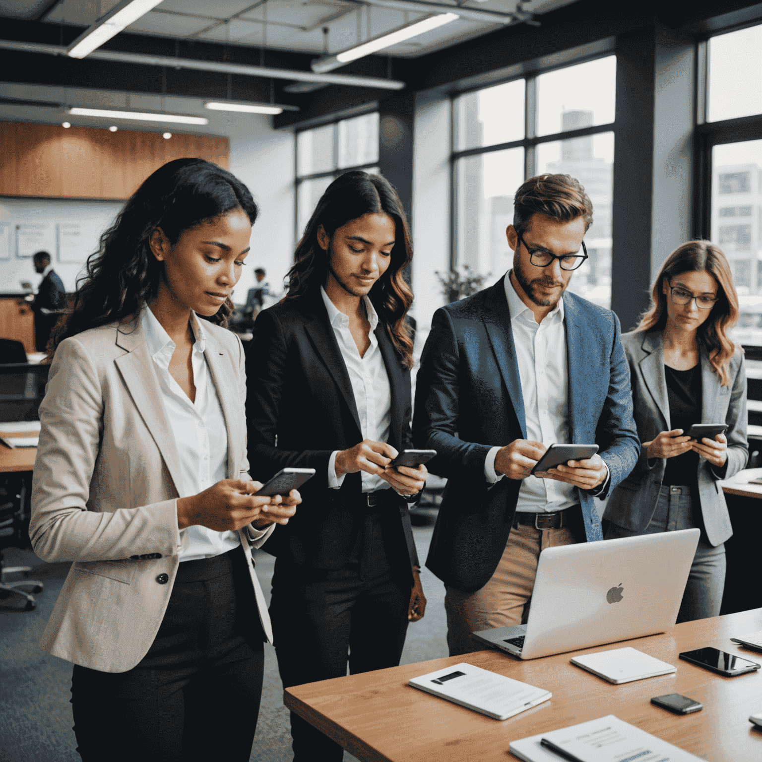 A group of business professionals using mobile devices in a modern office setting, showcasing enterprise mobile solutions
