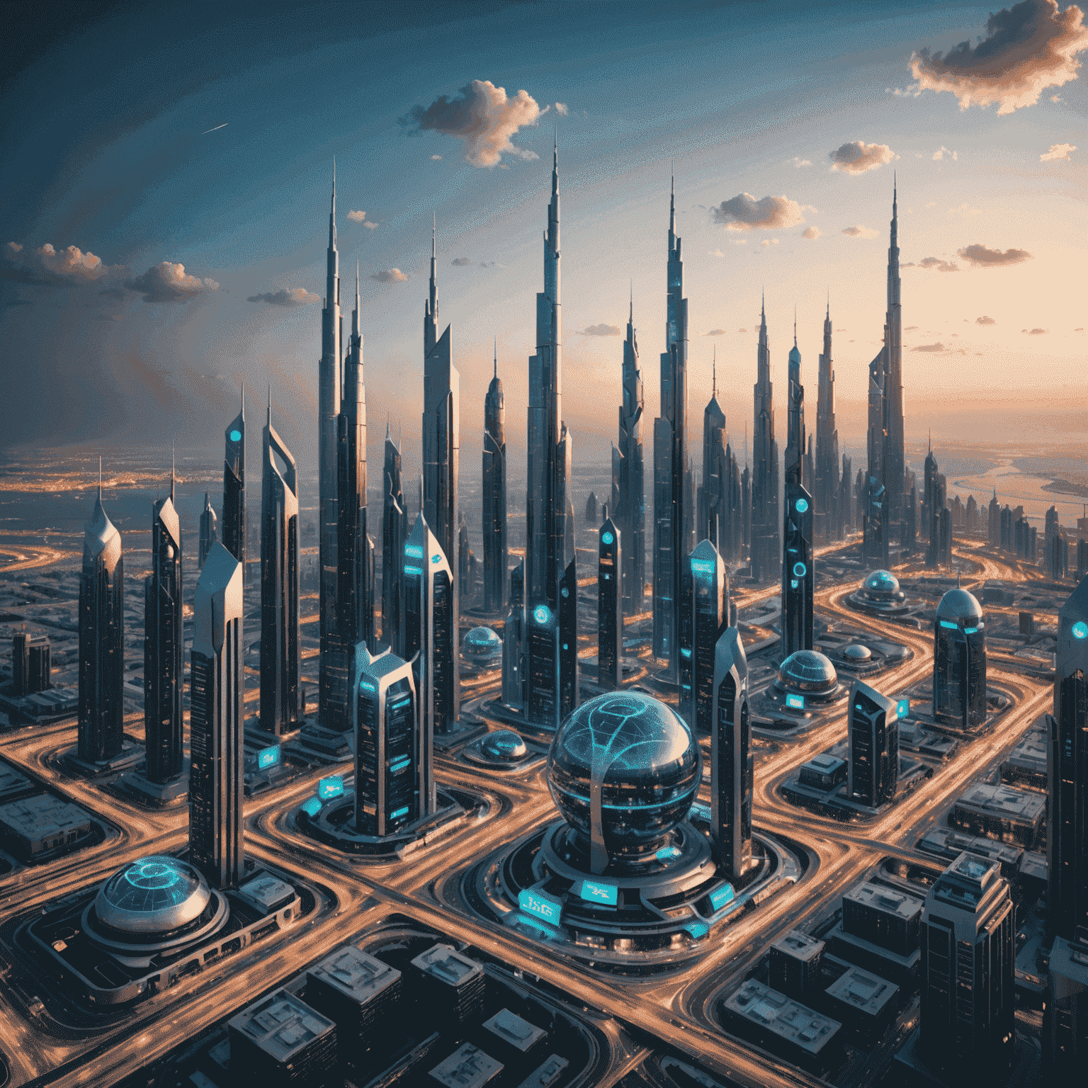 Futuristic cityscape with 5G towers and connected devices, showcasing the advanced mobile communication infrastructure in the UAE