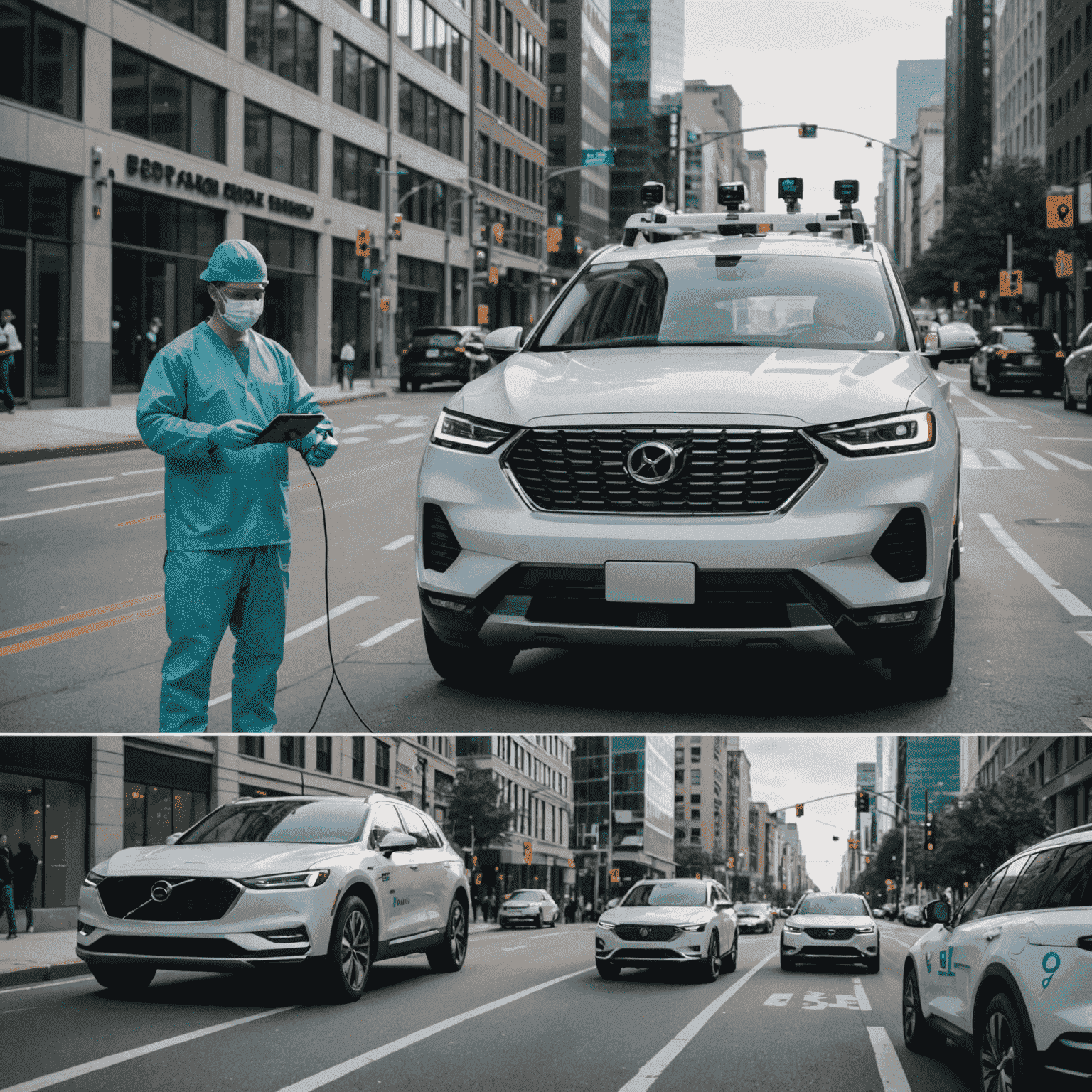 A split-screen image showing a surgeon performing remote surgery using 5G technology on one side, and a self-driving car navigating city streets on the other, emphasizing the low latency capabilities of 5G