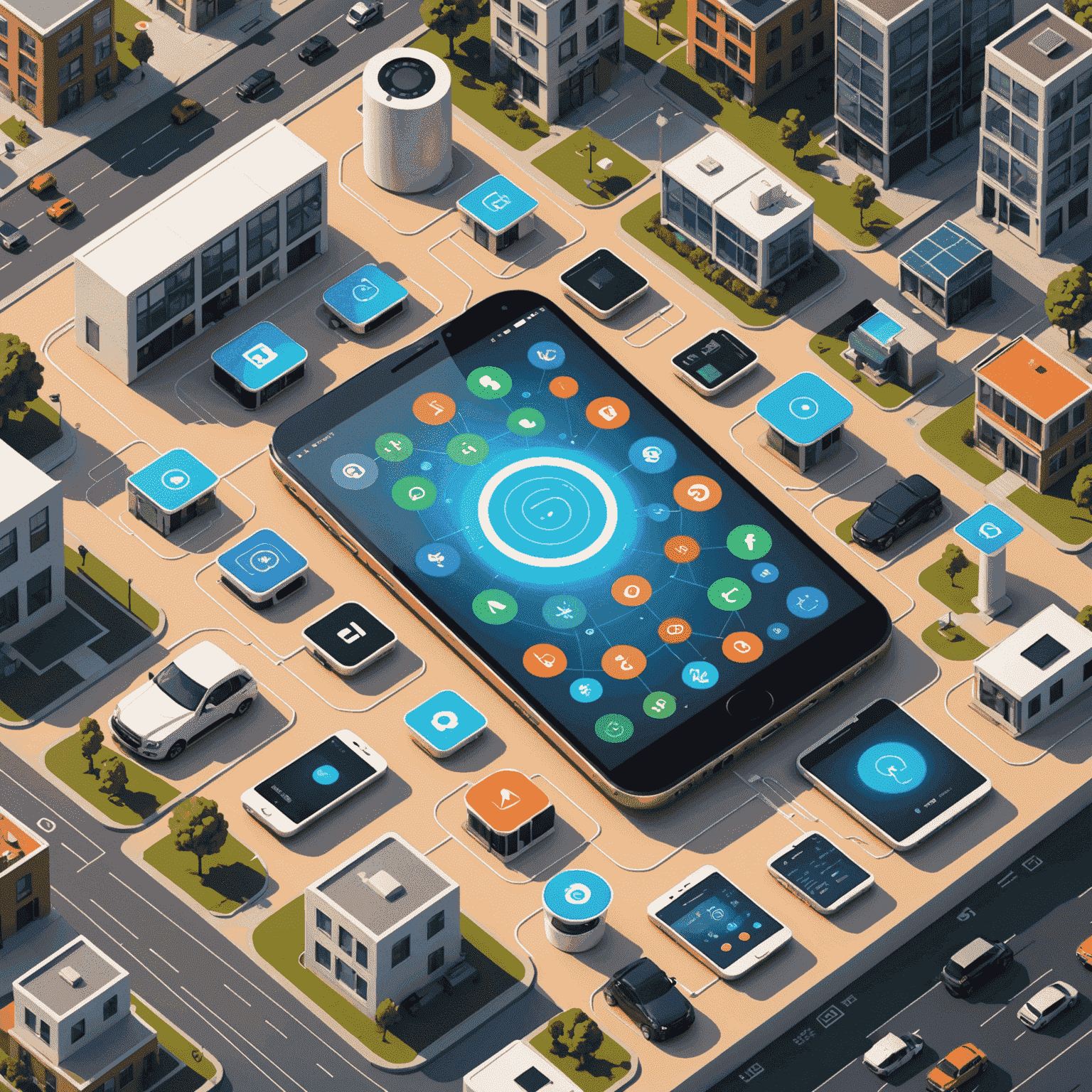 Illustration showing a smartphone at the center connected to various IoT devices like smart home appliances, wearables, and city infrastructure