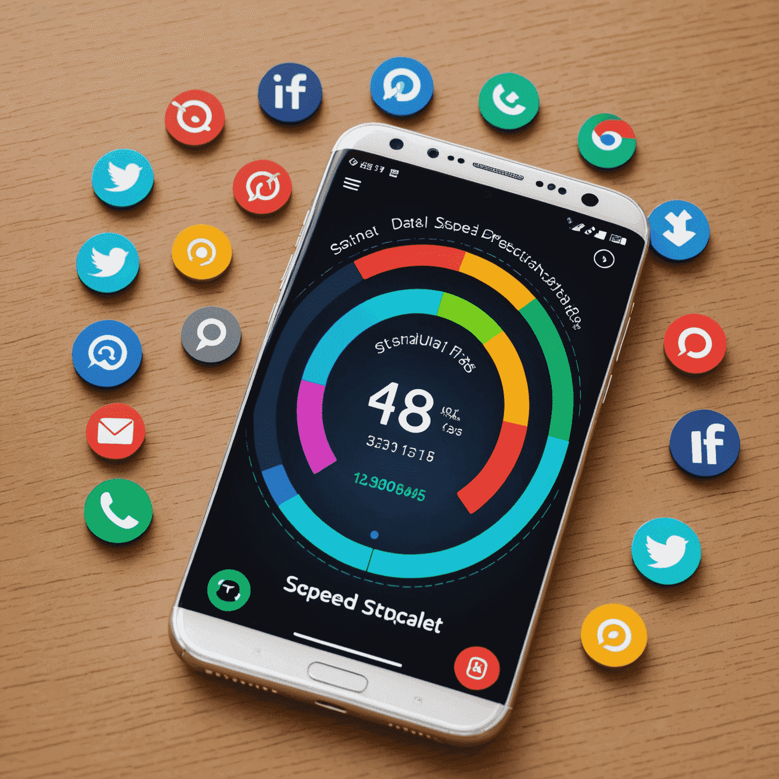 Smartphone displaying a speed test result and various app icons, representing high-speed data usage