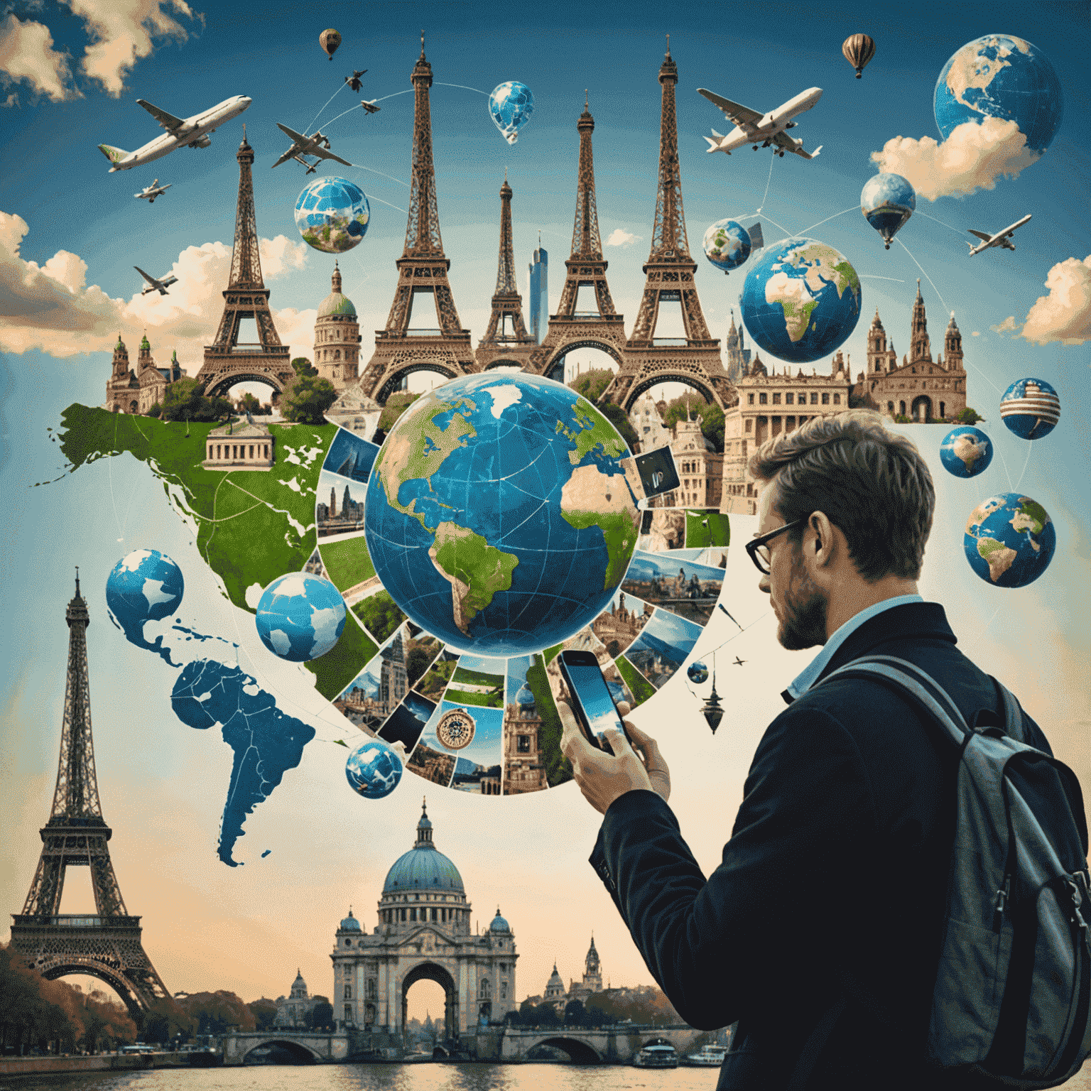 Collage of international landmarks and a person using a smartphone, representing global connectivity