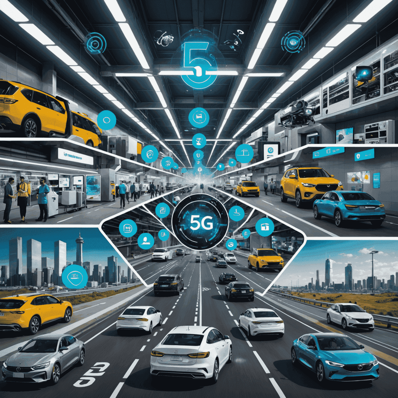A collage showing 5G applications across different industries: a doctor using telemedicine, a smart factory floor, people enjoying VR entertainment, and autonomous vehicles on a highway