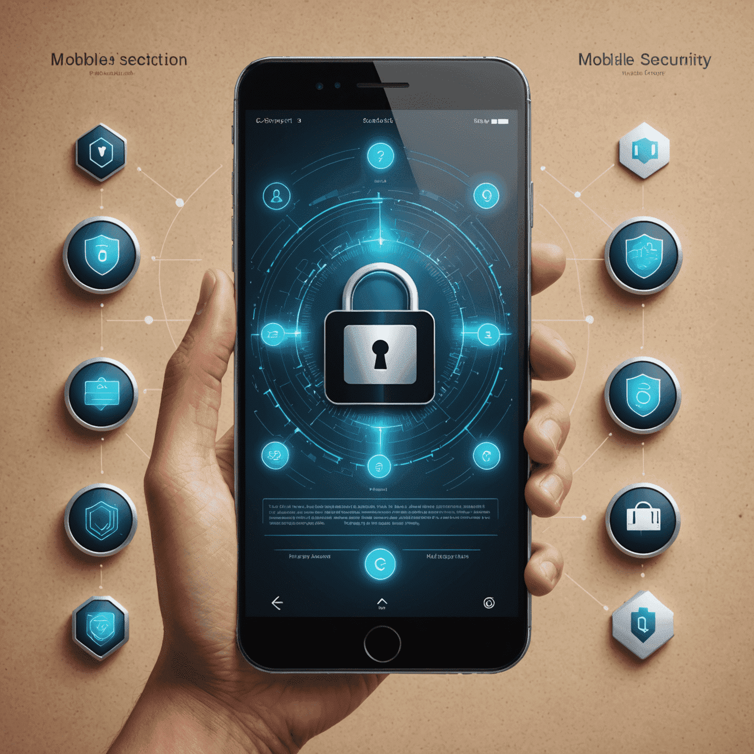 Visual representation of mobile app security features including biometric scanning, encryption symbols, and privacy shields