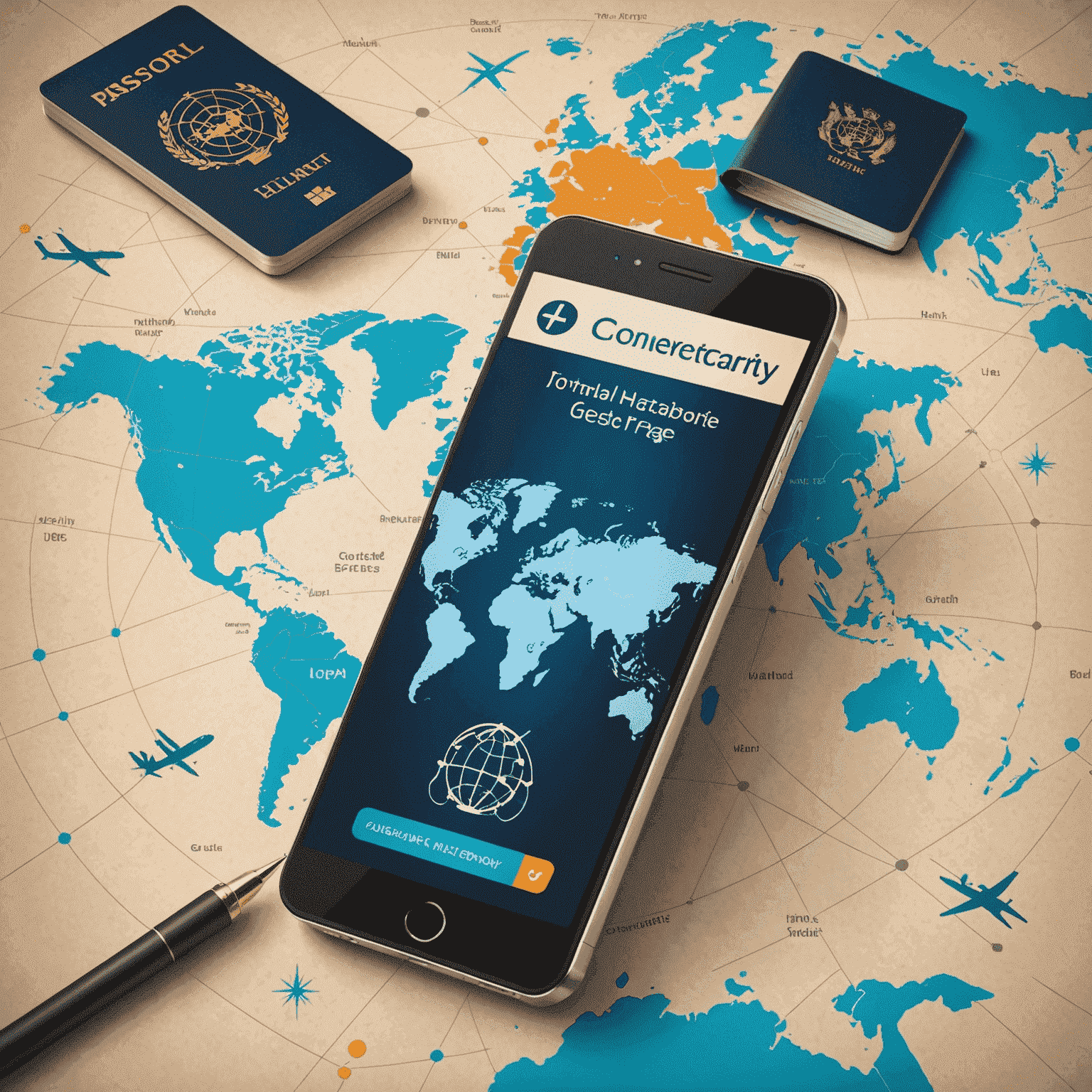 World map with mobile signal icons and a passport, representing global connectivity