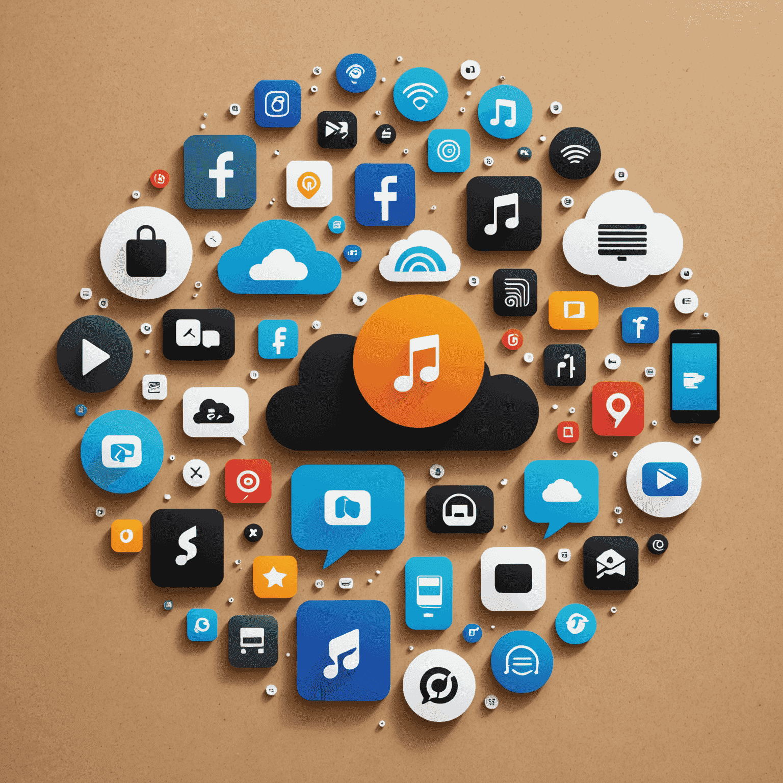 Collage of icons representing various mobile services like music streaming, mobile TV, and cloud storage