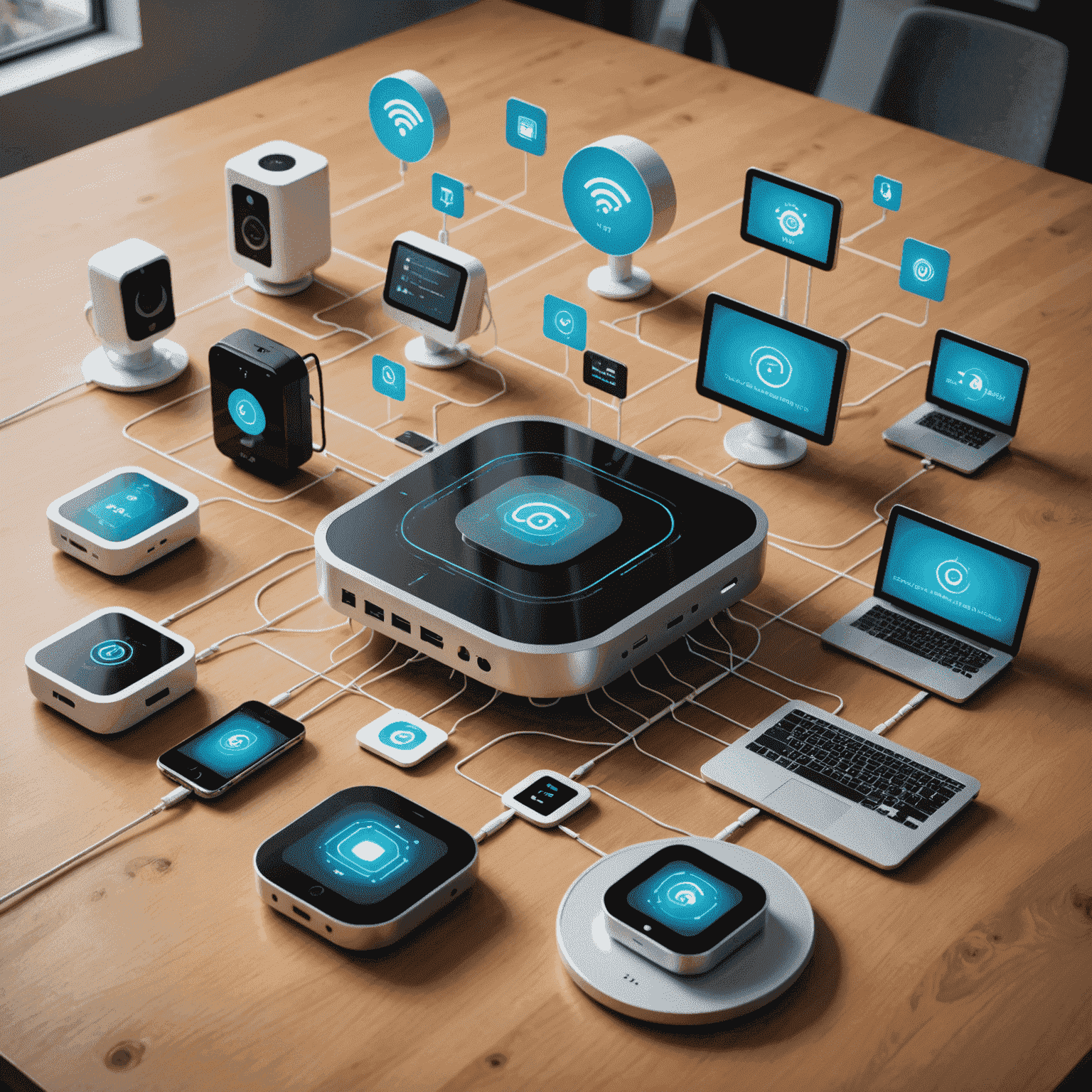 Various IoT devices connected in a network, showcasing industrial and consumer applications