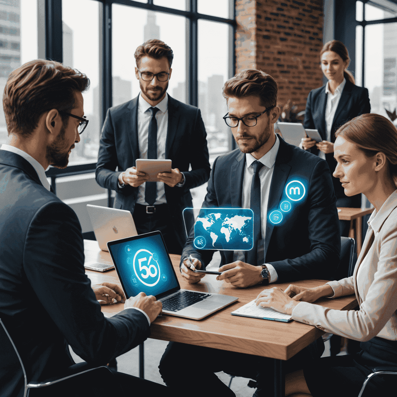 Professional setting with business people using mobile devices, laptops, and a 5G network icon