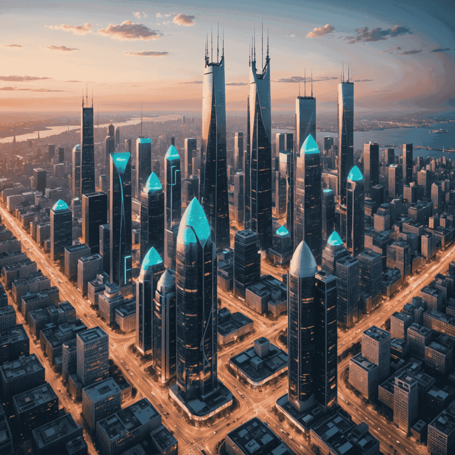 A cityscape with 5G towers, representing advanced 5G network infrastructure