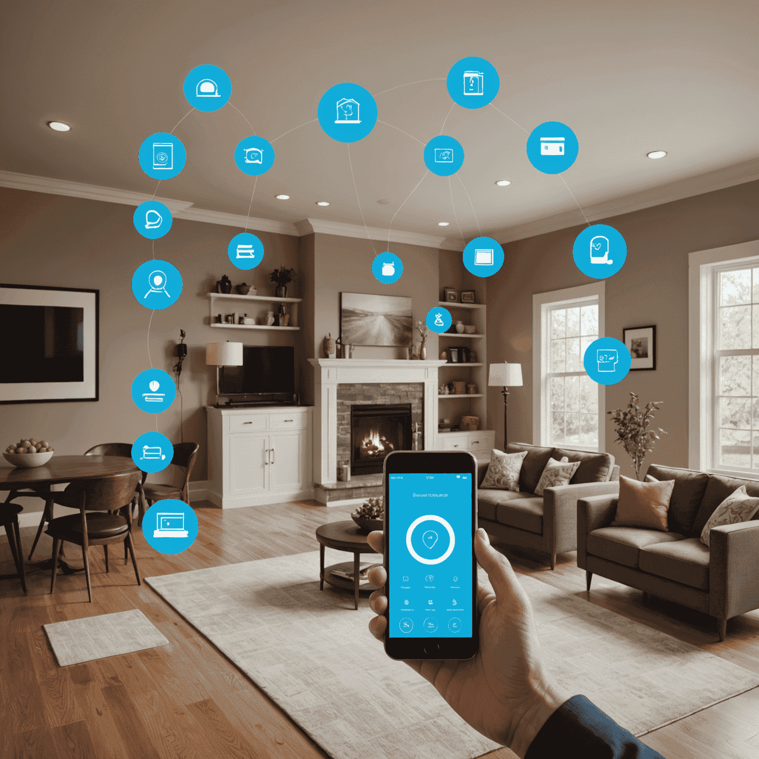 Smart Home Integration showing a smartphone controlling various home devices